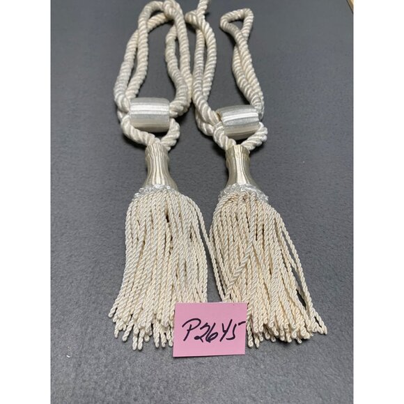 Vintage Ivory Curtain Tie Backs Pair with Tassels 17" Long Decorative Rope Holdb - Picture 13 of 13